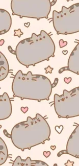 Cute cartoon cat wallpaper with hearts and stars.