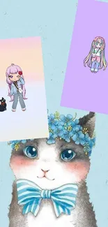 Cute cartoon cat with flower crown and anime characters on pastel background.