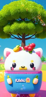 Adorable cartoon cat with fruit in vibrant and playful setting.