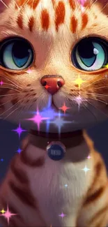 Cute cartoon cat with bright eyes on a mobile wallpaper.