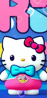 Adorable cartoon cat with a blue bow and colorful background.