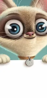 Cute cartoon cat with big eyes on teal background.