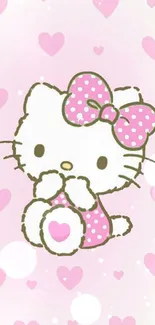 Cute cartoon cat with bow tie and pink hearts.