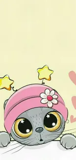 Cute cat in pink hat with hearts and stars.