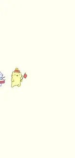 Adorable pastel cats holding instruments with crowns on a light yellow background.