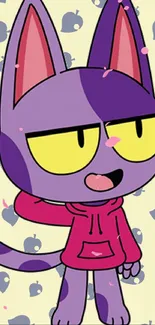 Cute cartoon cat in purple with a red hoodie on beige background.