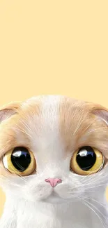 Cute cartoon cat with big eyes on a light yellow background.