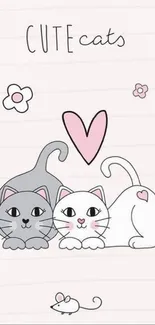 Adorable cartoon cats with hearts in pastel colors.