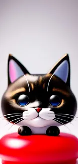 Cute cartoon cat sitting on a red button wallpaper.