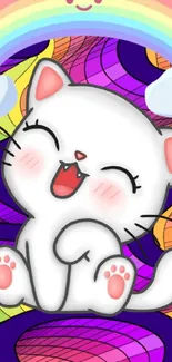 Cute cartoon cat with rainbow background.