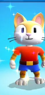 Charming cartoon cat in red shirt with a blue background and sparkling stars.