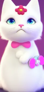 Adorable cartoon cat with pink bow on purple background.