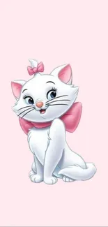 Adorable cartoon cat with pink bow on soft pink background.