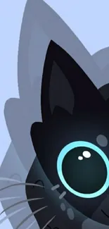 Cartoon image of a black cat with a large blue eye on a light blue background.