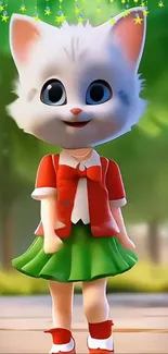 Cute cartoon cat character in bright outfit.