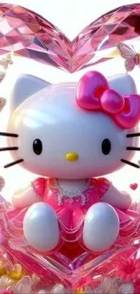 Cute cartoon cat in pink heart design with butterflies.