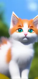 Adorable cartoon cat with orange and white fur, blue eyes, on a green background.