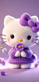 Cute cartoon cat with a purple bow and flowers on a purple background.