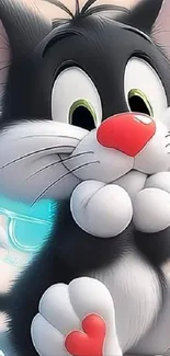 Cute cartoon cat with big eyes and red nose