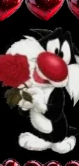 Cartoon cat with rose and hearts design.
