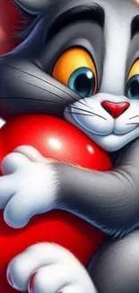 Cartoon cat hugging a red heart with a joyful expression.