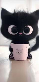 Cute cartoon cat holding a cup wallpaper.