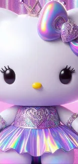 Adorable cartoon cat with iridescent bow and tutu on pink background.