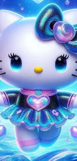 Cute cartoon cat with blue hearts and sparkly bow.