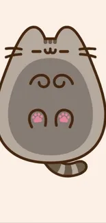 Adorable cartoon cat with pink paws on beige background.