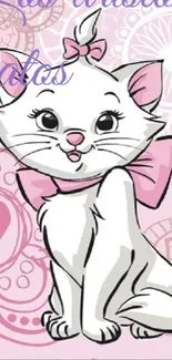 Adorable cartoon cat with pink bow.