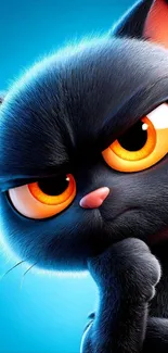 Cartoon cat with bright eyes on a blue background.