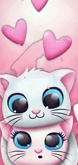 Cute cartoon cats with hearts on a pink background.