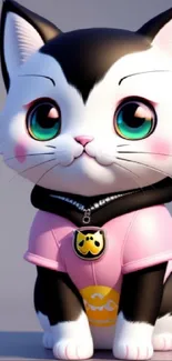 Cute cartoon cat in a pink outfit with big blue eyes.