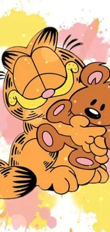 Cartoon cat hugging bear with colorful splashes.