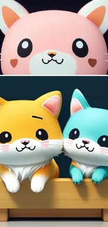 Charming cartoon cats in vibrant colors on a mobile phone wallpaper.