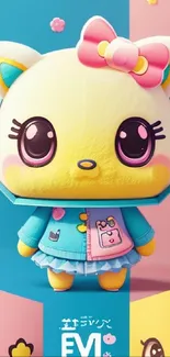 Kawaii cartoon cat with pastel colors and cute design.