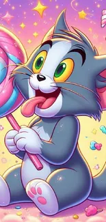 Adorable cartoon cat with colorful lollipop on pink background.