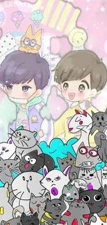 Cute cartoon cat wallpaper with anime characters and pastel colors.