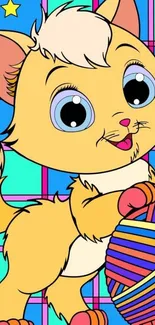 Cute cartoon cat with yarn on colorful background.