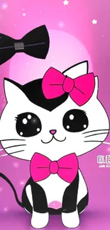 Cute cartoon cat with bows on a pink background.