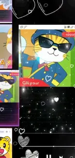 Cartoon cat in sunglasses with colorful background.