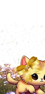 Adorable cartoon cat with a golden bow in a meadow.