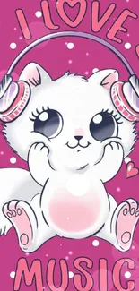 Cute cartoon cat with headphones on pink background.