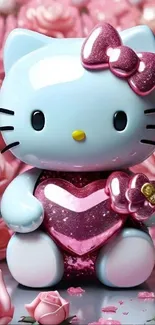 Cute cartoon cat with a pink heart and roses.