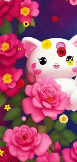 Cute cartoon cat with pink roses on a colorful gradient background.