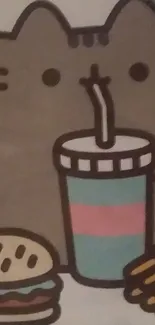 Cute cartoon cat with burger, fries, and drink on a playful striped background.