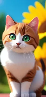 Cute cartoon cat with sunflowers in vibrant nature scene.