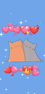 Cute cartoon cats with hearts on a blue background with sparkles.