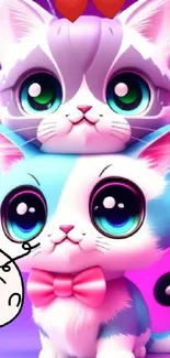 Two cute cartoon cats with big eyes and colorful background.