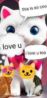 Cute cartoon cats with colorful speech bubbles.